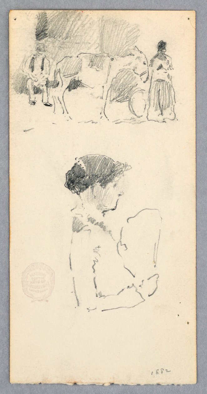 Kresba, Scéna s oslem a dvěma postavami; žena držící vějíř, 1882 od Robert Frederick Blum