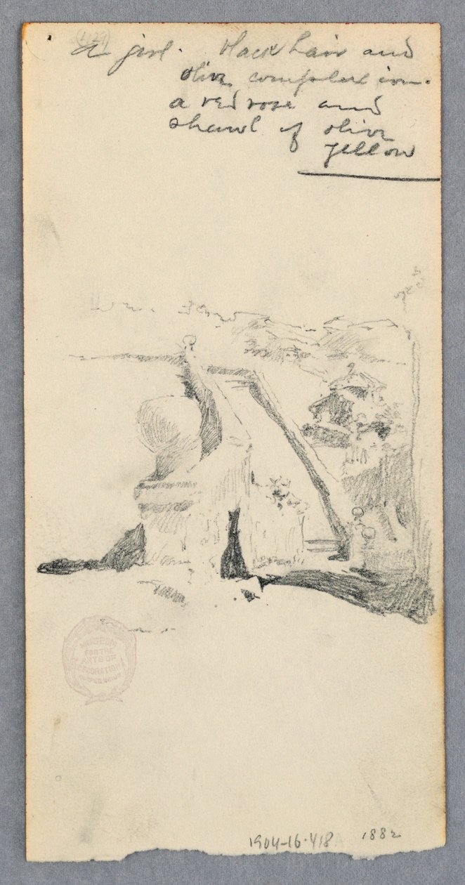 Kresba, Pohled z vyvýšeného místa na město (recto); žena držící sklenici (verso), 1882 od Robert Frederick Blum
