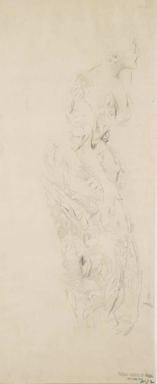 Náčrt ženy v šatech s květinovým vzorem, možná pro nástěnnou malbu Nálady k hudbě, 1893-98 (grafitová a žlutá tužka na lesklém papíru) od Robert Frederick Blum