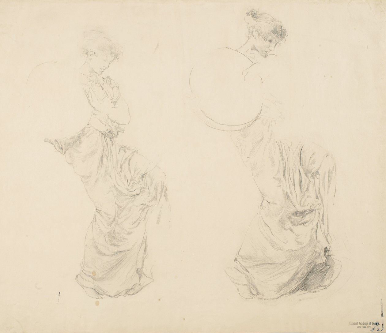 Studie dvou ženských postav pro nástěnnou malbu Nálady k hudbě, 1893-95 (grafit s červenou tužkou na tkaném papíře) od Robert Frederick Blum
