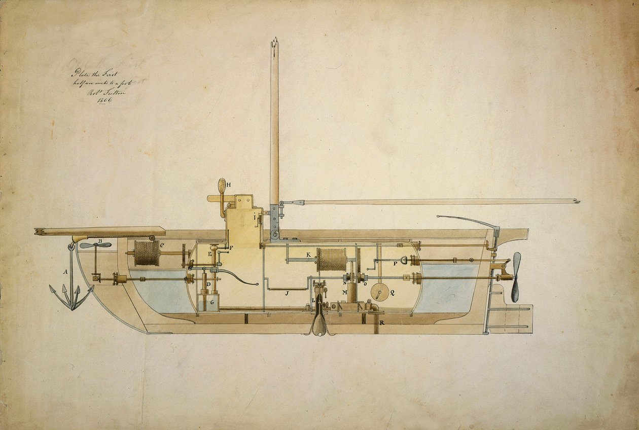 Původní kresba Nautila, první podvodní lodi (ponorky), předložená jeho vynálezcem Robertem Fultonem (1765-1815) americkému Senátu v roce 1806. od Robert Fulton