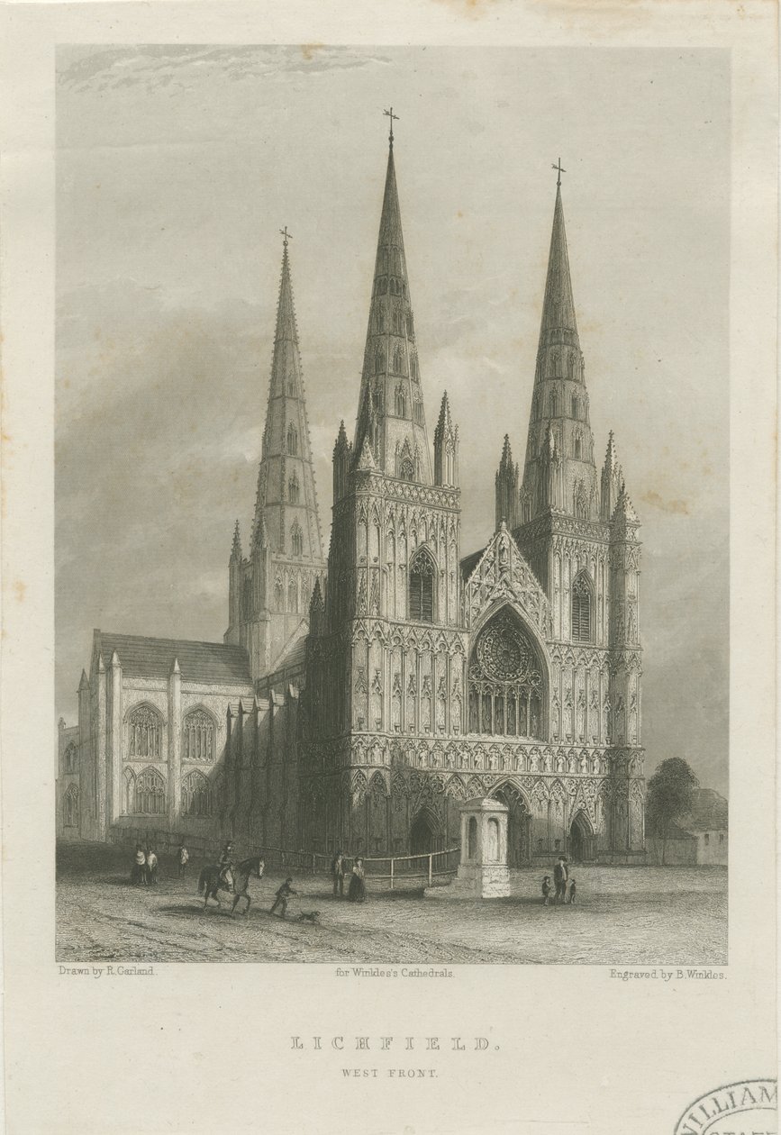 Katedrála Lichfield – západní fronta: ocelorytina, nd [c 1835-1842] (tisk) od Robert Garland
