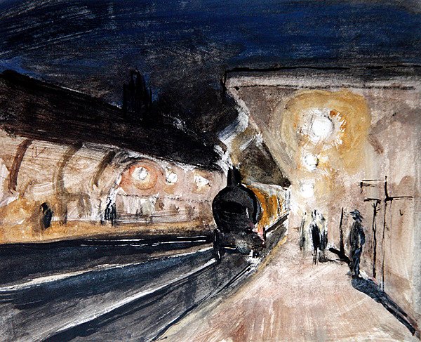 Brentwood Station, cca 1920 (tužka, inkoust, akvarel a tělová barva na papíře) od Robert Graham Dryden Alexander