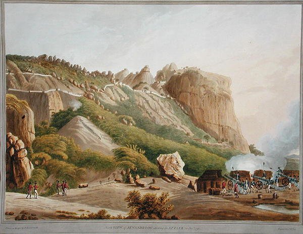 Severní pohled na Sewandroog ukazující útok v prosinci 1791, ilustrace z knihy "Dvanáct pohledů na Mysore, zemi Tipoo Sultana", vyryl a koloroval J. W. Edy, vydáno 1804 (kolorovaná akvatinta) od Robert H. (after) Colebrooke