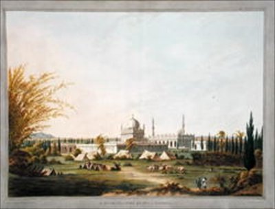 Mauzoleum Hajdara Alího Chána v Laulbaugu, ilustrace z knihy "Twelve Views of Mysore, country of Tippoo Sultan", kolorovaná a vyrytá J. W. Edym, vydáno 1804 (kolorovaná akvatinta) od Robert H. (after) Colebrooke