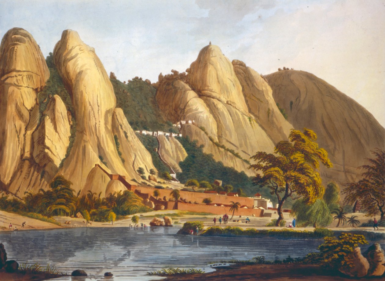 Jižní pohled na Sewandroog, ilustrace z Dvanáct pohledů na Mysore, země Tippoo Sultan vyrytý a kolorovaný J.W. Edy, publikoval 1804 (barevná akvatinta) od Robert H. Colebrooke