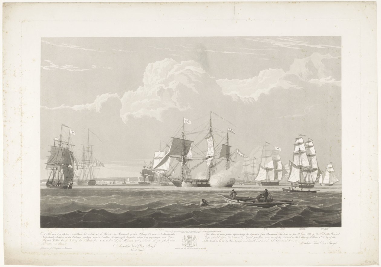 Odjezd dvanácti holandských obchodních lodí z přístavu Portsmouth, 1833 (deska 3) Tato sada tří desek znázorňujících vyplutí z přístavu Portsmouth 2. června 1833 12 lodí Nederlandsche Koopvaardy z embarga od Robert Havell (II)
