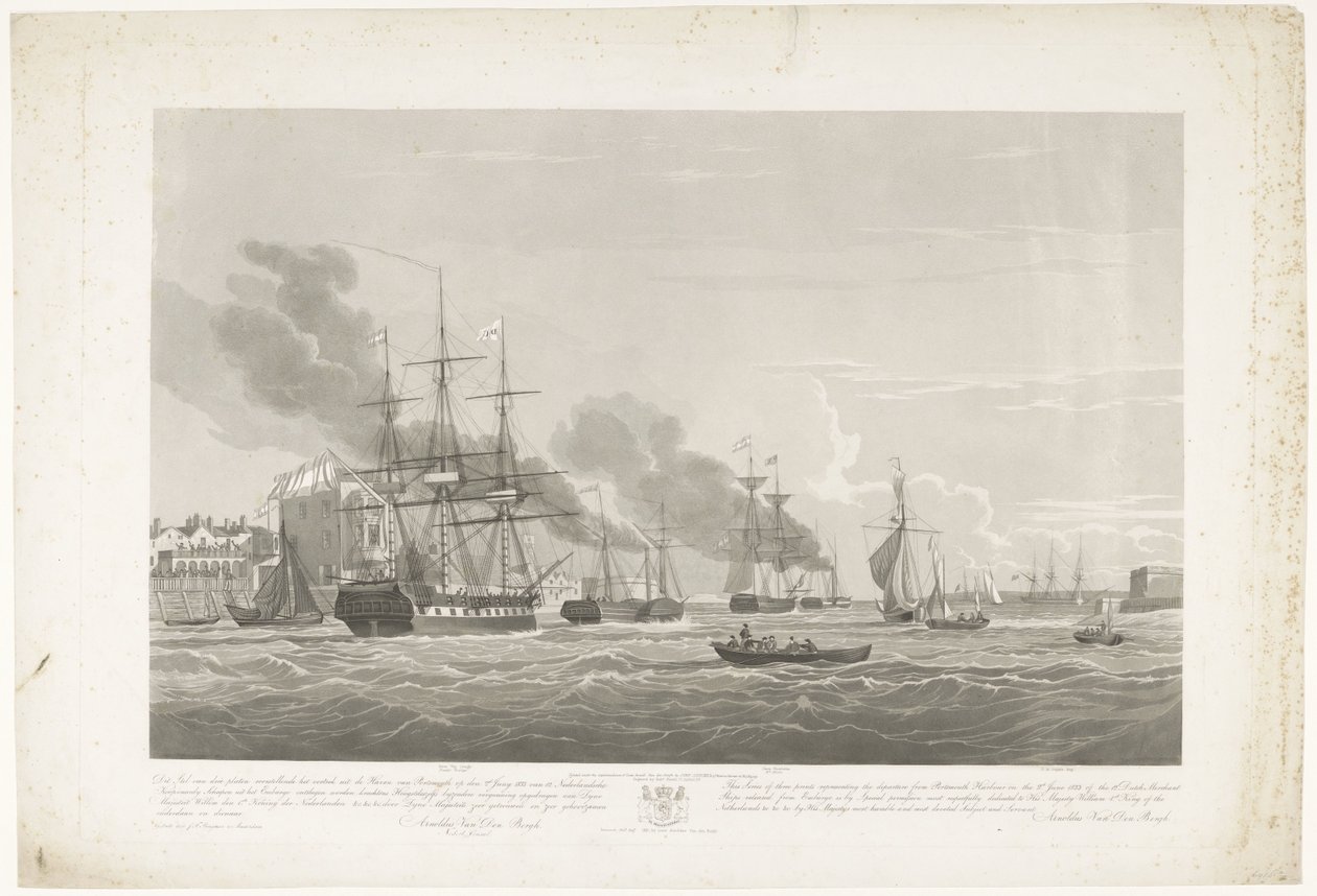 Odplutí dvanácti holandských obchodních lodí z přístavu Portsmouth, 1833 (deska 2) Tato sada tří desek znázorňujících vyplutí z přístavu Portsmouth 2. června 1833 12 lodí Nederlandsche Koopvaardy z embarga od Robert Havell (II)