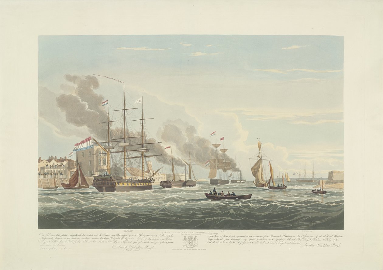 Odplutí dvanácti holandských obchodních lodí z přístavu Portsmouth, 1833 (deska 2) Tato sada tří desek znázorňujících vyplutí z přístavu Portsmouth 2. června 1833 12 lodí Nederlandsche Koopvaardy z embarga od Robert Havell (II)