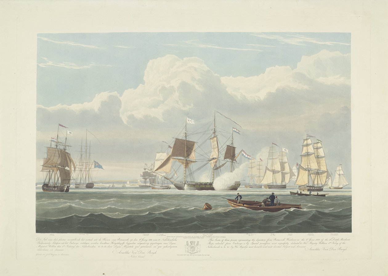 Odplutí dvanácti holandských obchodních lodí z přístavu Portsmouth, 1833 (deska 3) Tato sada tří desek znázorňujících vyplutí z přístavu Portsmouth 2. června 1833 12 lodí Nederlandsche Koopvaardy z embarga od Robert Havell (II)