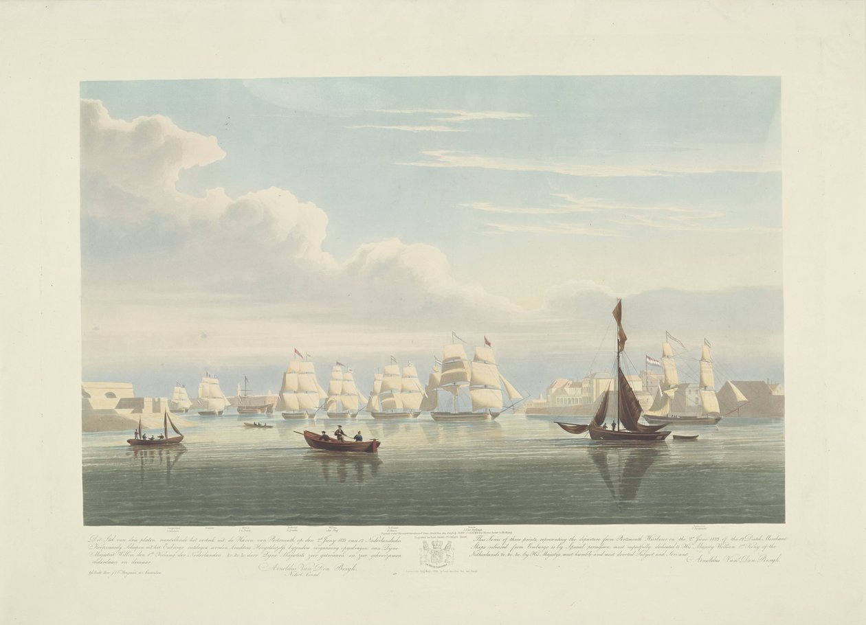 Odplutí dvanácti holandských obchodních lodí z přístavu Portsmouth, 1833 (deska 1) Tato sada tří desek znázorňujících vyplutí z přístavu Portsmouth 2. června 1833 12 lodí Nederlandsche Koopvaardy z embarga od Robert Havell (II)