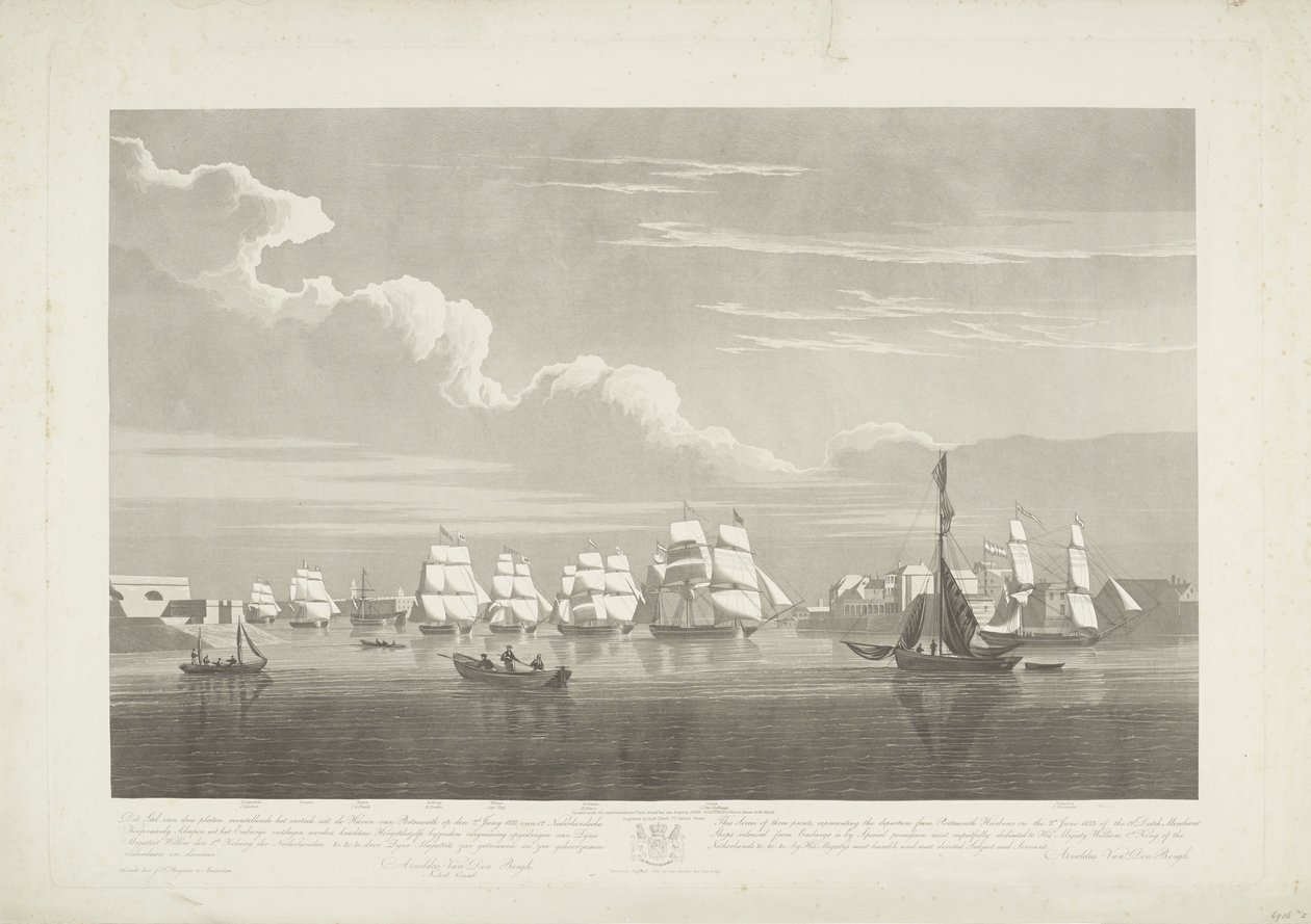 Odplutí dvanácti holandských obchodních lodí z přístavu Portsmouth, 1833 (deska 1) Tato sada tří desek znázorňujících vyplutí z přístavu Portsmouth 2. června 1833 12 lodí Nederlandsche Koopvaardy z embarga od Robert Havell (II)