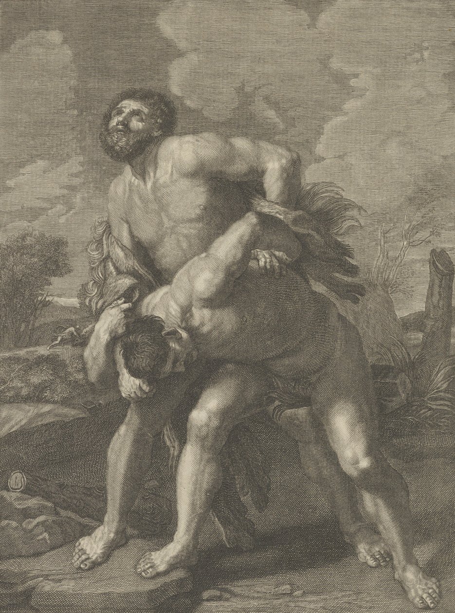 Herkules na sobě lví kůži a bojující s Achelousem, krajina v pozadí, ..., ca. 1713-72. od Robert Hecquet