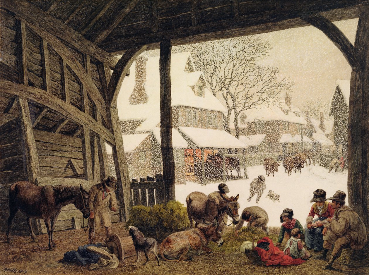 Sněhová scéna na vesnici, 1819 (čb, tělový kolorit, vyškrabávání přes grafit) od Robert Hills