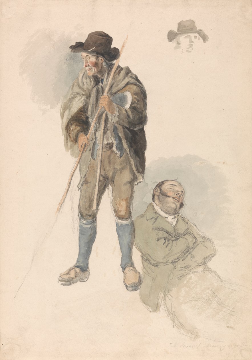 Studie figur: Farmář, pan Samuel, mistr kreslení ležící a dřímající a nepatrný náčrt muže v klobouku od Robert Hills