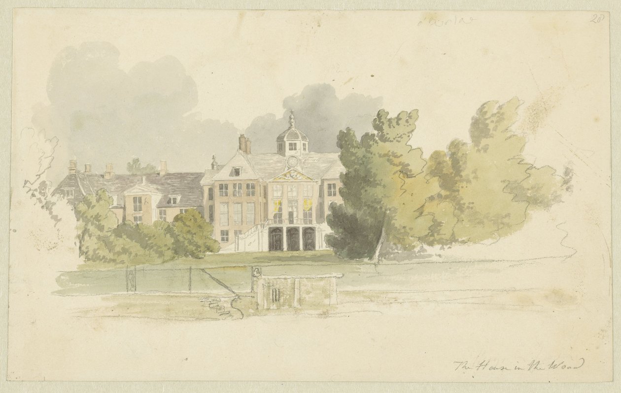 Pohled na Huis ten Bosch Návrhy pro akvatinty série Sketches in Flanders and Holland (název série) od Robert Hills