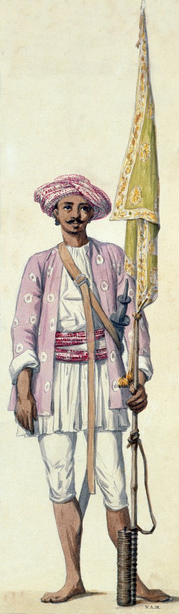 Indický voják (raketový muž) z armády sultána Tipu, používající svou raketu jako vlajkovou tyč, Madras od Robert Home