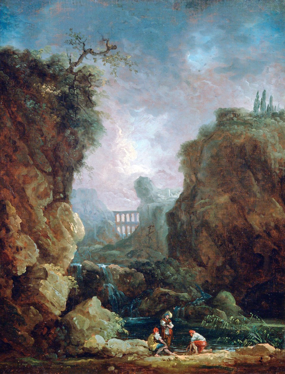 Krajina s vodopádem a akvaduktem, c1750-1808 od Robert Hubert