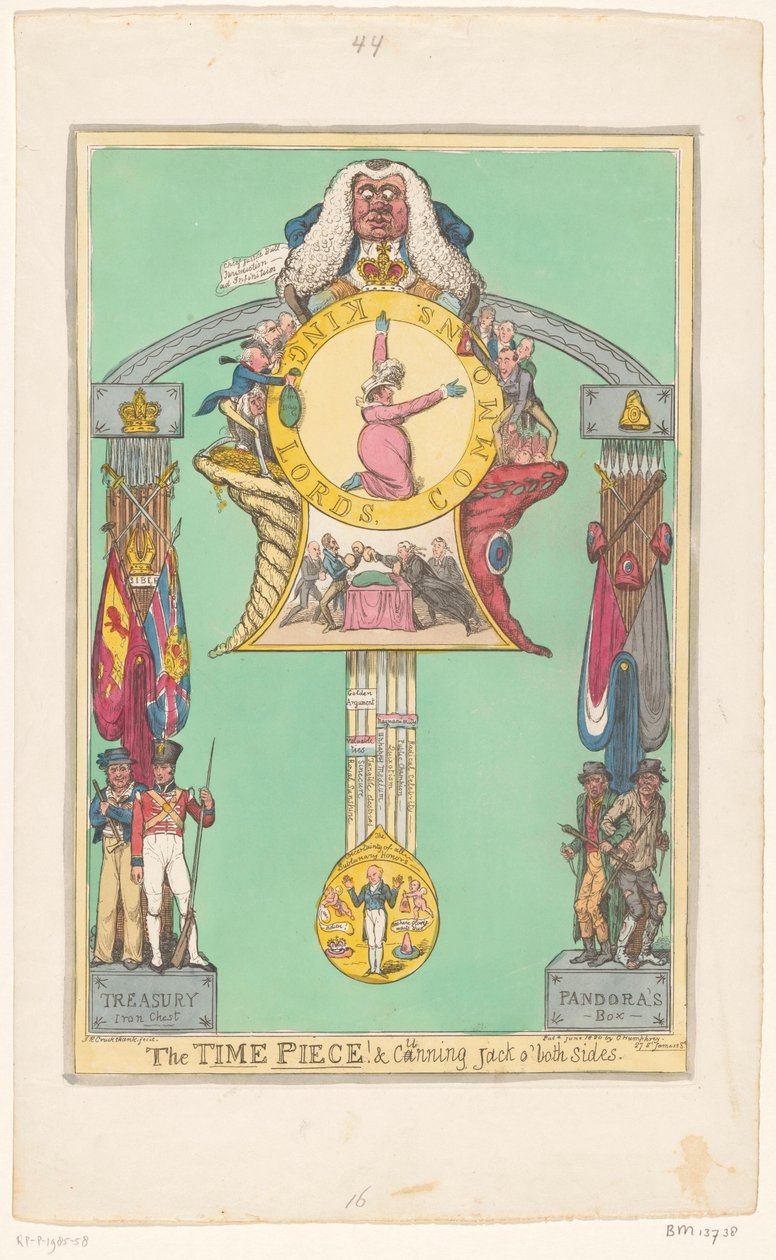 Hodiny s královnou na číselníku, 1820 Kus času! & mazaný Jack na obou stranách od Robert Isaac Cruikshank