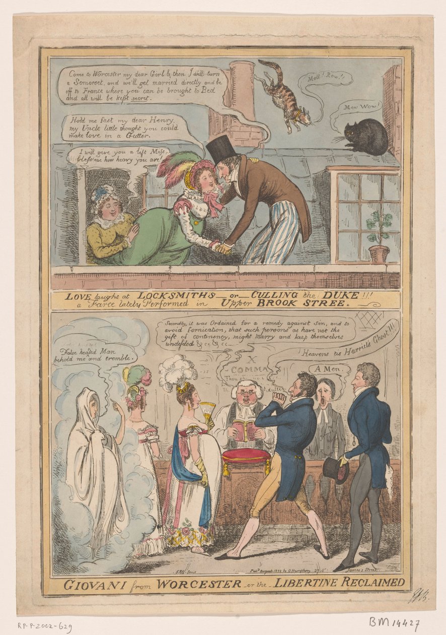 Spotpret over het huwelijk van de markies van Worcester and Anne Francis Culling Smith, 1822 Láska se směje zámečníkům -nebo- utrácení vévody!!! fraška, která se nedávno odehrála v Upper Brook Street / Giovani z Worcesteru - aneb - Libertine reclaimed (náz od Robert Isaac Cruikshank
