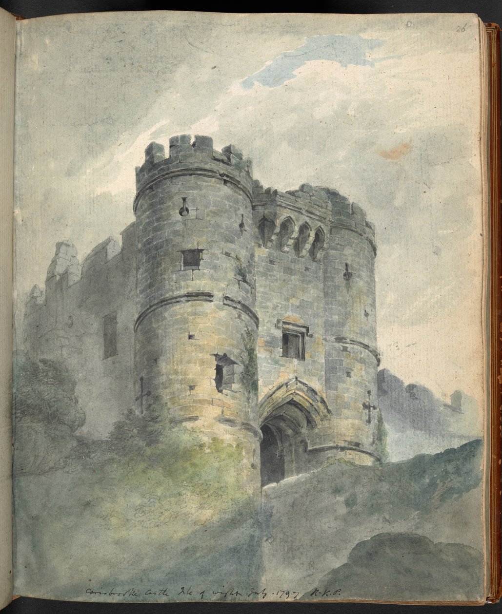 Hrad Carisbrooke, Isle of Wight. Pohledy na scenérie, architektonické starožitnosti atd., ve Farnhamu, Southamptonu a okolí, na ostrově Wight, Winchester atd., tužkou, perem a inkoustem, vodovými barvami a křídami, od Sira Roberta Ker Portera, v roce 1797 od Robert Kerr Porter
