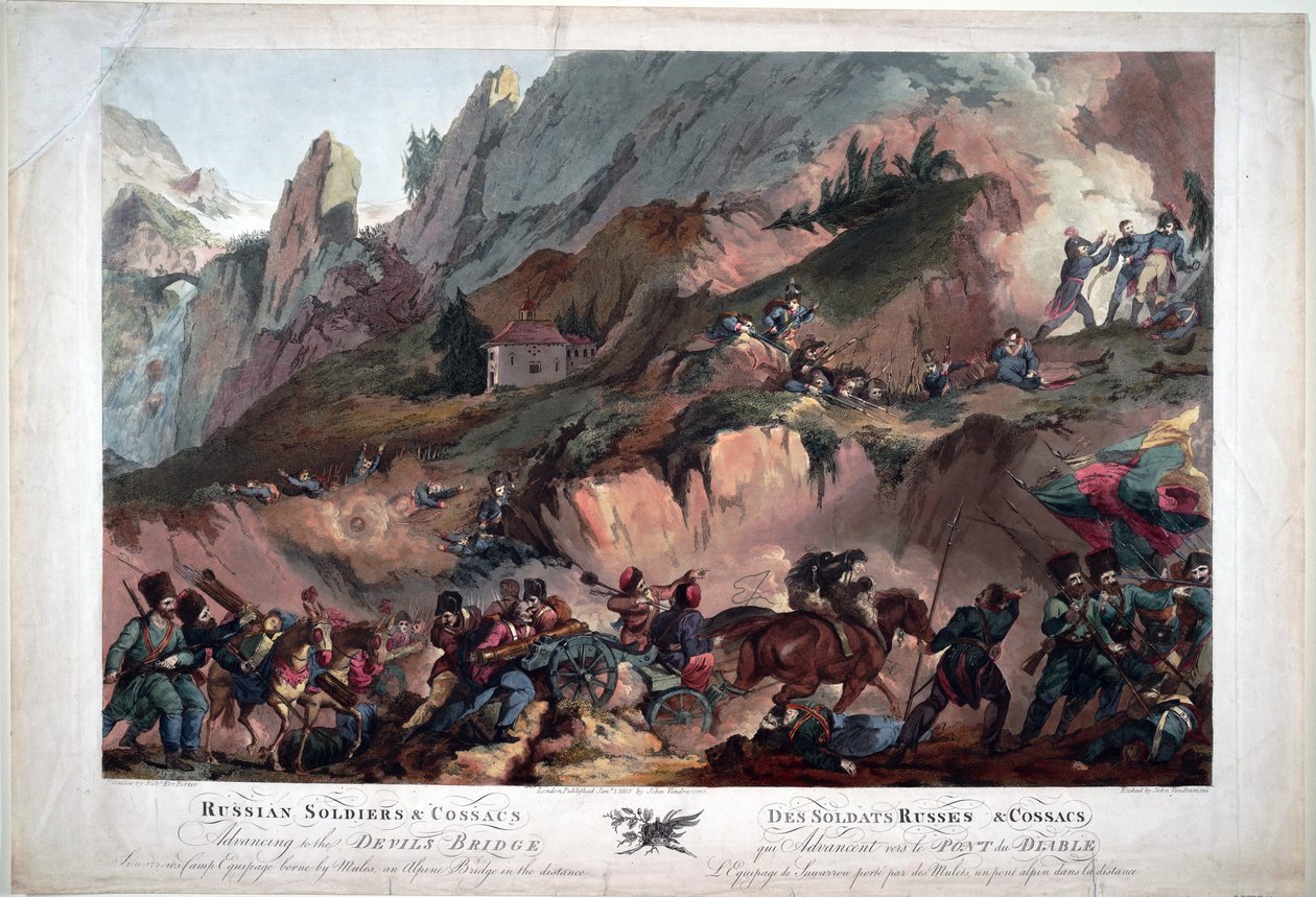 V roce 1799 bojovala Napoleonova vojska na Ďáblově mostě proti Rusům pod velením generála Souvarova - Ruská armáda Přechod přes Ďáblův most 1799 - Porter, Robert Carr (1777-1842) - 1804 - Aquatinta - 63x91,3 -Soukromá sbírka od Robert Kerr Porter