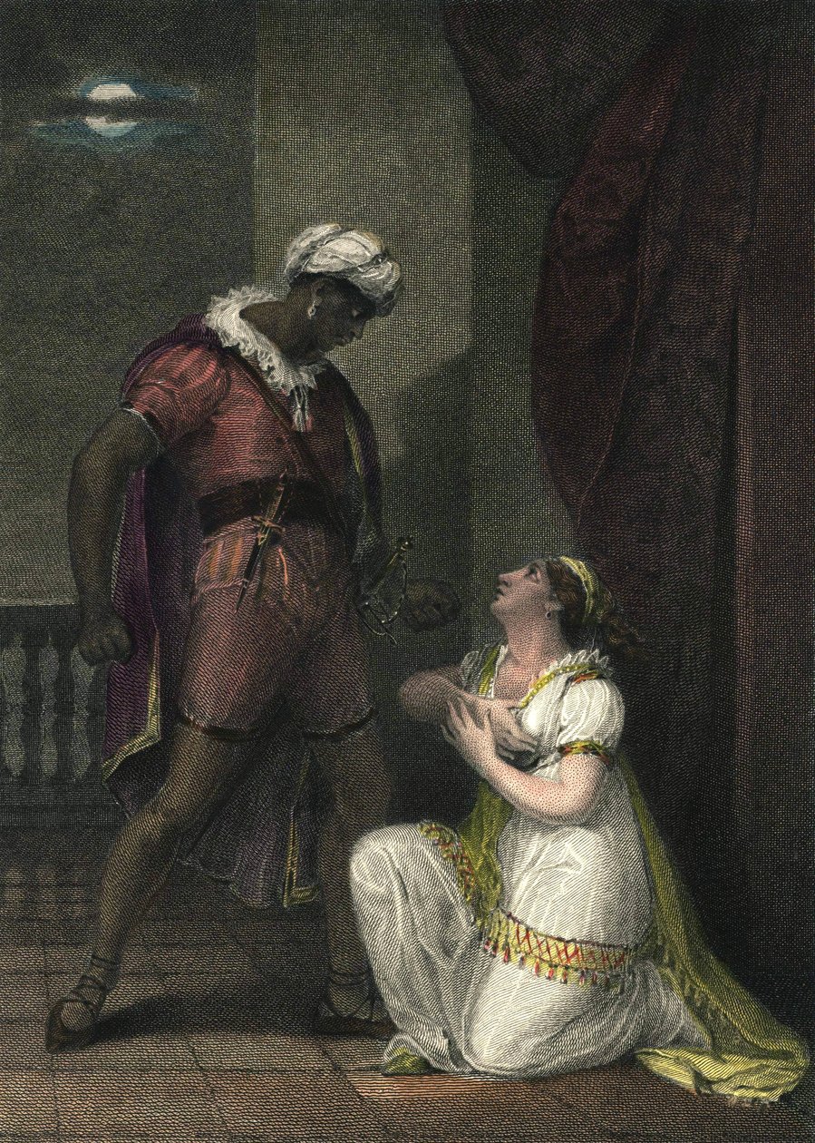 Othello a Desdemona v Benátkách. Ilustrace pro „“ Othello“ od Williama Shakespeara. Scéna 4. dějství 2. Anglická rytina z roku 1801 od R.K Portera. od Robert Kerr Porter