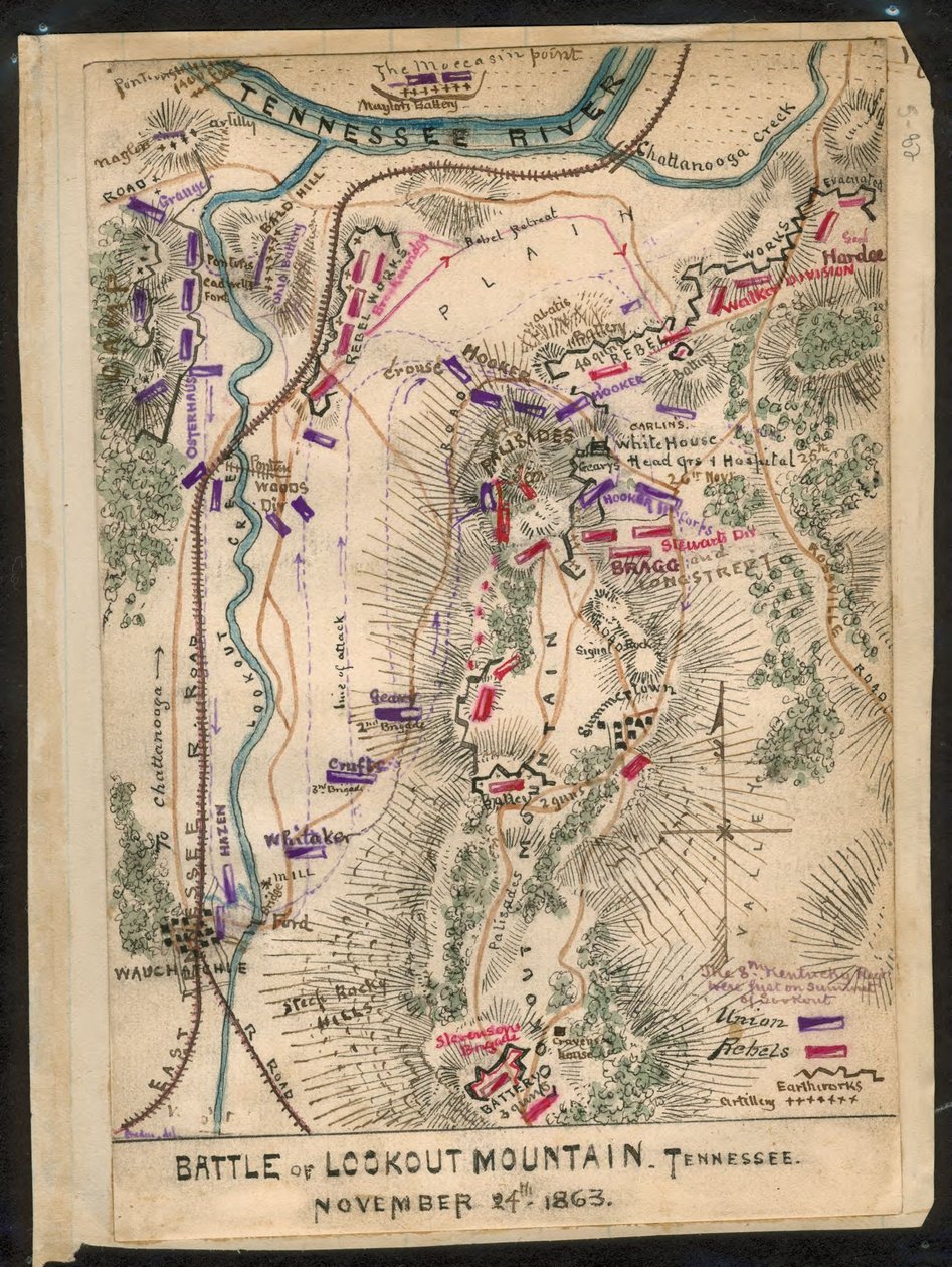 Bitva u Lookout Mountain, Tennessee 24. listopadu 1863. LOC gvhs01.vhs00173 od Robert Knox Sneden