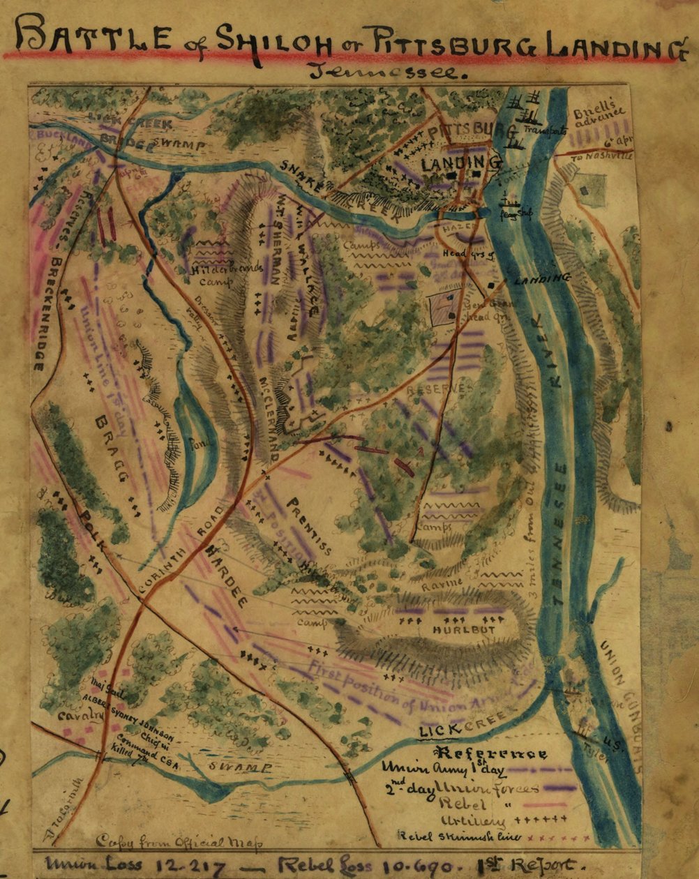 Bitva u Shilohu nebo Pittsburg Landing, Tennessee LOC gvhs01.vhs00313 od Robert Knox Sneden