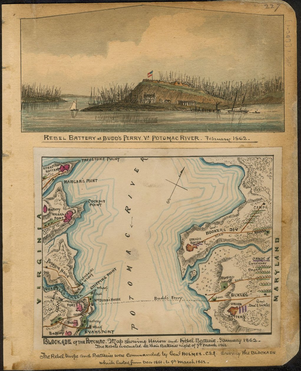 Blokáda Potomacu. Mapa zobrazující baterie Unie a povstalců leden 1862. Povstalci vyklidili všechny své baterie v noci 4. března 1862. LOC gvhs01.vhs00066 od Robert Knox Sneden