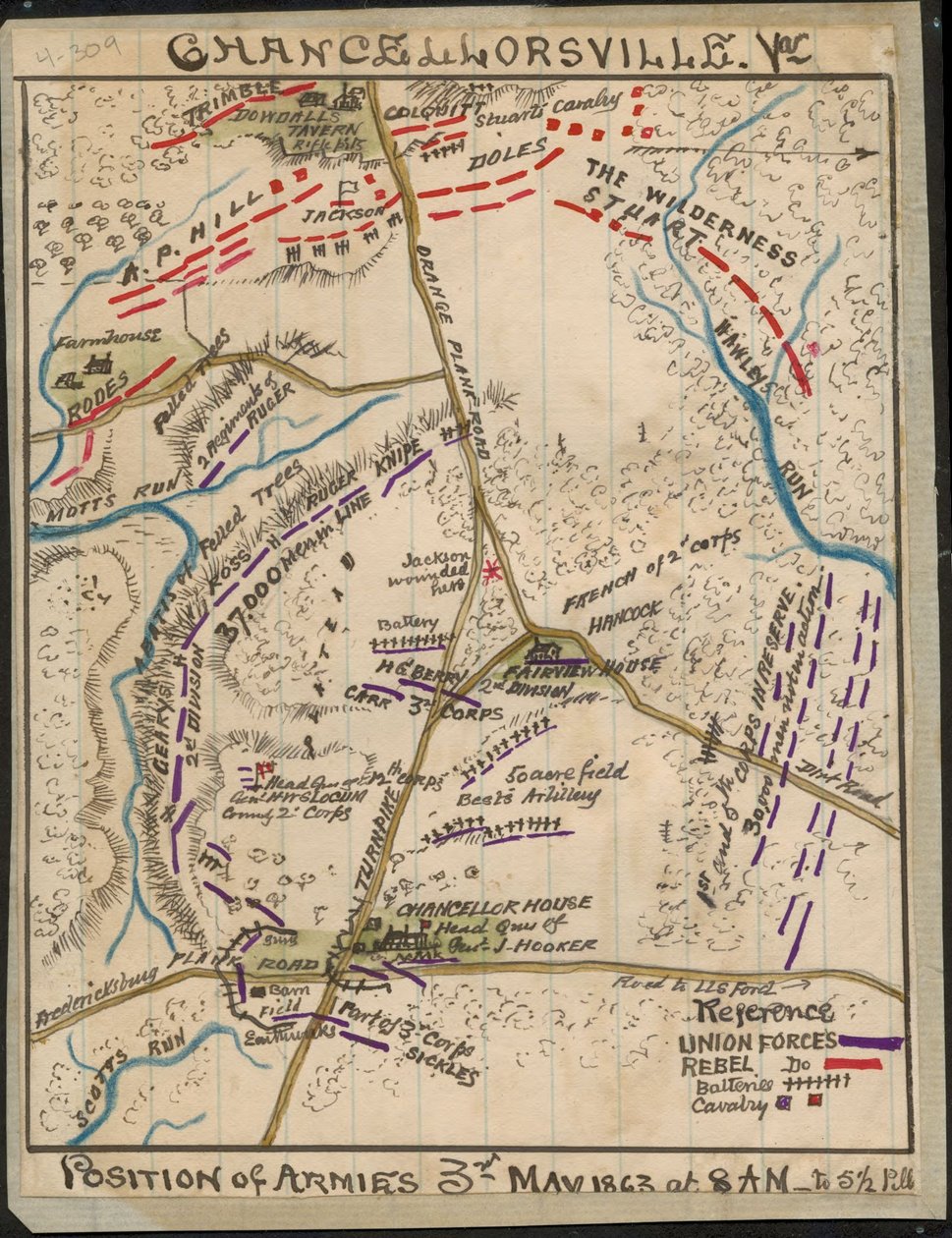 Chancellorsville, Va. Postavení armád 3. května 1863 v 8:00 až 17:00 LOC gvhs01.vhs00136 od Robert Knox Sneden