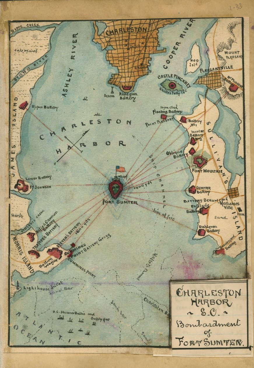 Charleston Harbor S.C. Bombardování pevnosti Fort Sumter. LOC gvhs01.vhs00058 od Robert Knox Sneden