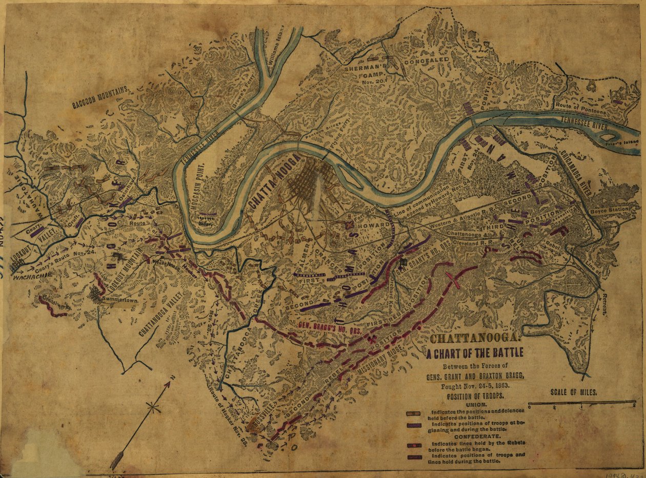 Chattanooga Schéma bitvy mezi silami gen. Granta a Braxtona Bragga, která se odehrála 24.-5. listopadu 1863. LOC gvhs01.vhs00275 od Robert Knox Sneden