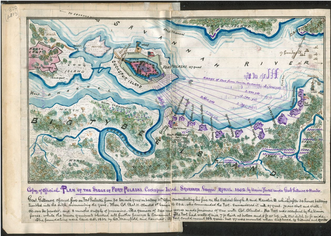 Kopie oficiálního plánu obléhání pevnosti Fort Pulaski. Cockspur Island. Savannah Georgia duben 1862 - síly Unie pod velením generálů Gillmora a Huntera. LOC gvhs01.vhs00084 od Robert Knox Sneden