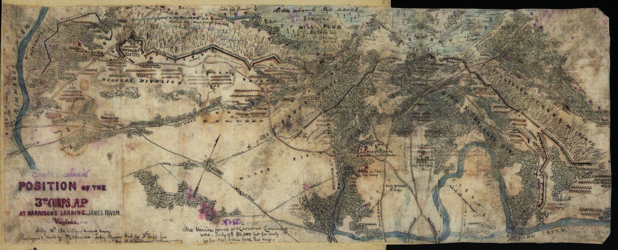 Opevněné postavení 3. sboru A.P. u Harrisonova přístaviště, James River, Va., 9. července 1862 LOC gvhs01.vhs00295 od Robert Knox Sneden