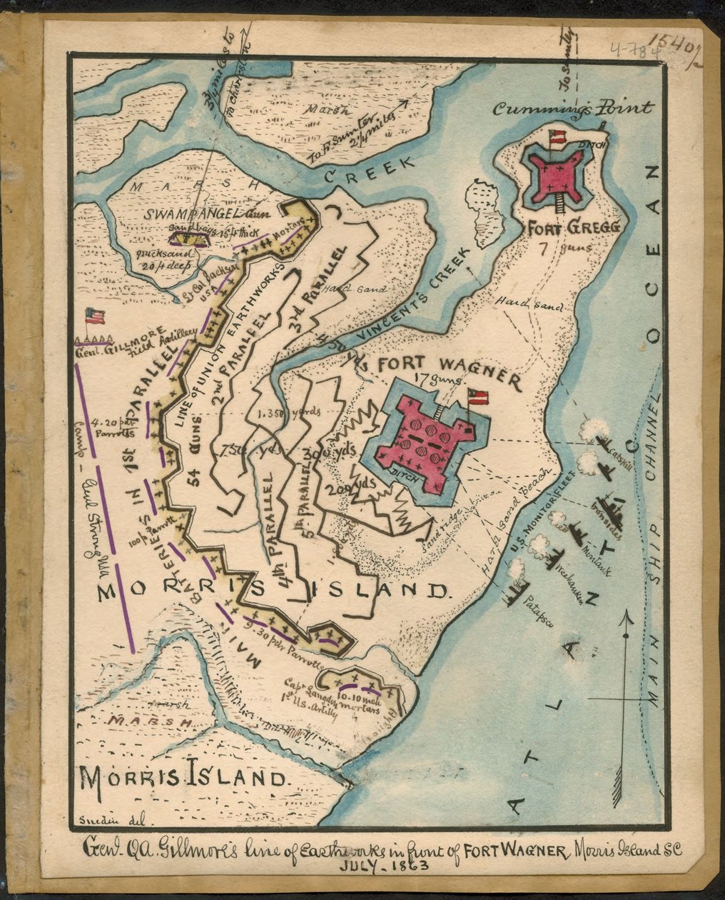 Pozemní linie generála Q. A. Gillmora před pevností Fort Wagner, Morris Island, S.C., červenec 1863 LOC gvhs01.vhs00152 od Robert Knox Sneden