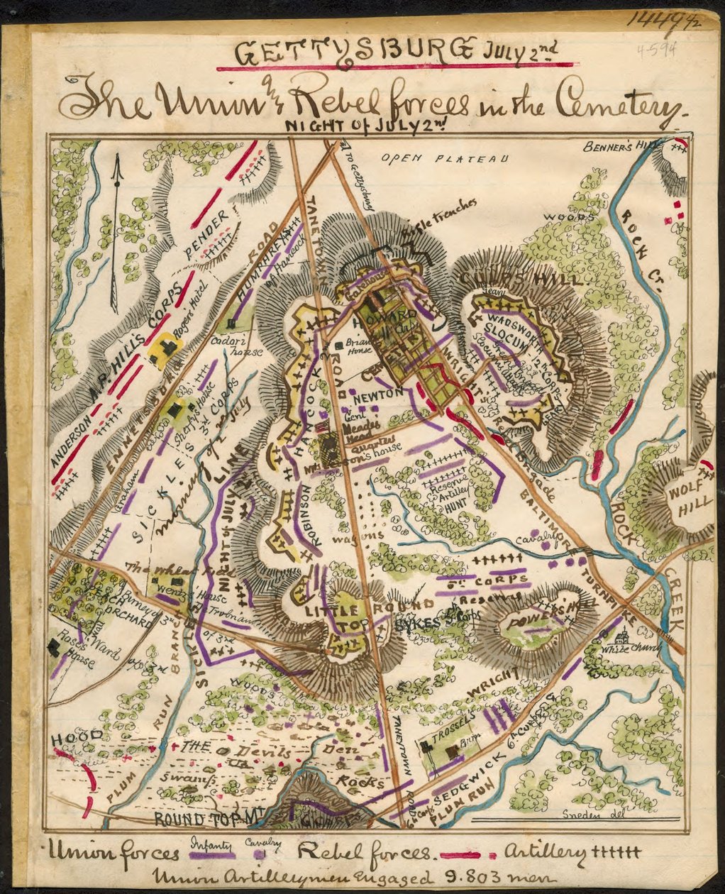Gettysburg 2. července Jednotky Unie a povstalců na hřbitově. LOC gvhs01.vhs00148 od Robert Knox Sneden