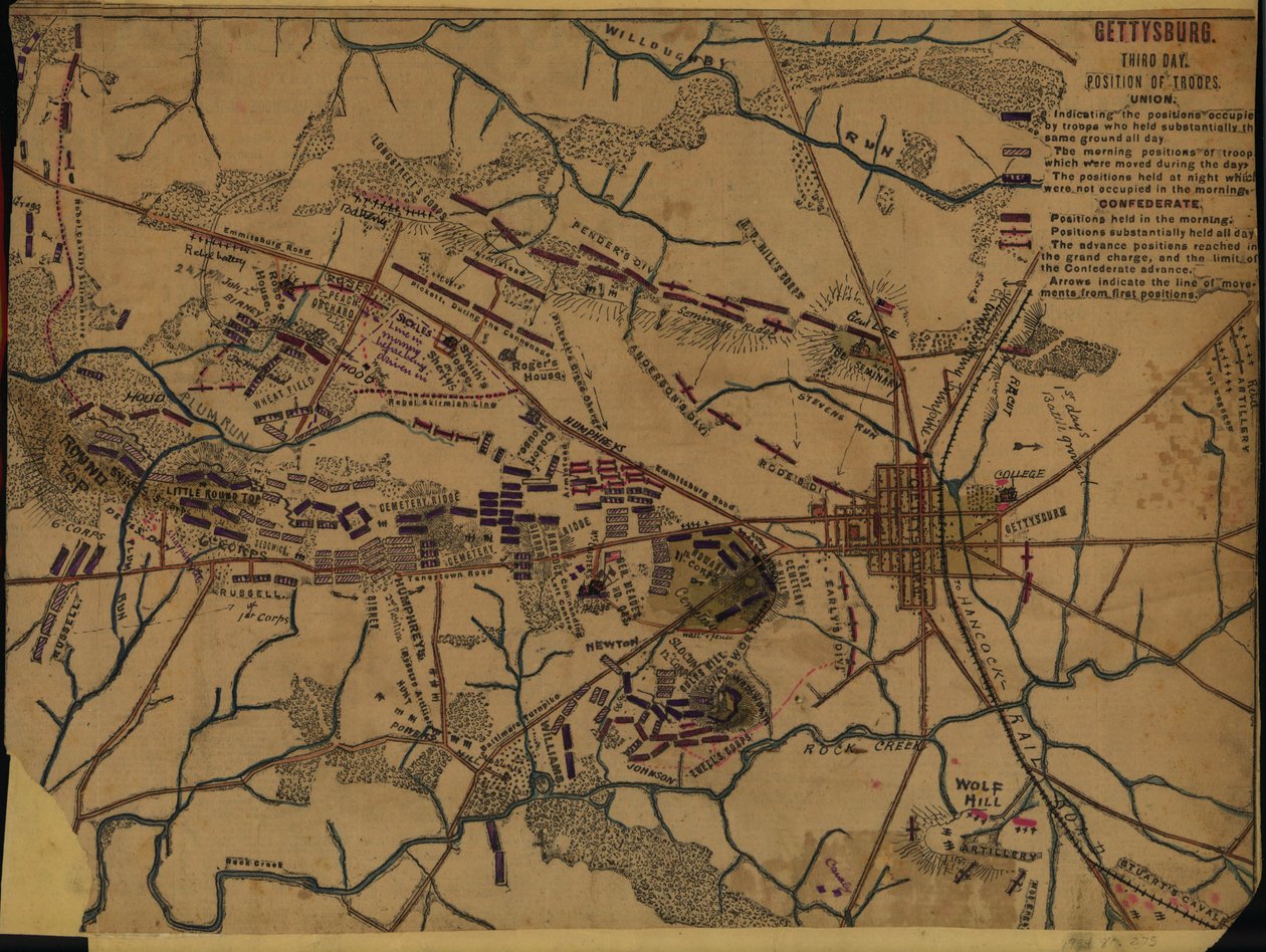 Gettysburg Třetí den. Postavení vojsk od Robert Knox Sneden