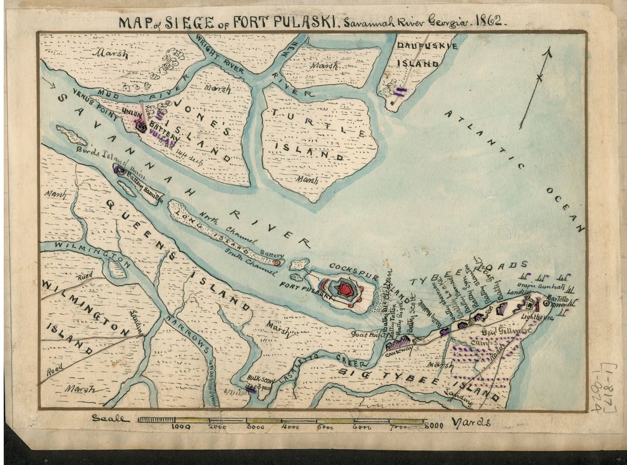 Mapa obléhání pevnosti Fort Pulaski - Savannah River Georgia. 1862. LOC gvhs01.vhs00085 od Robert Knox Sneden