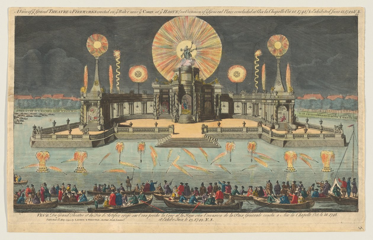 Pohled na vaše velké divadlo a ohňostroj vztyčený na vodě poblíž soudu v Haagu dne O..., 1794. od Robert Laurie