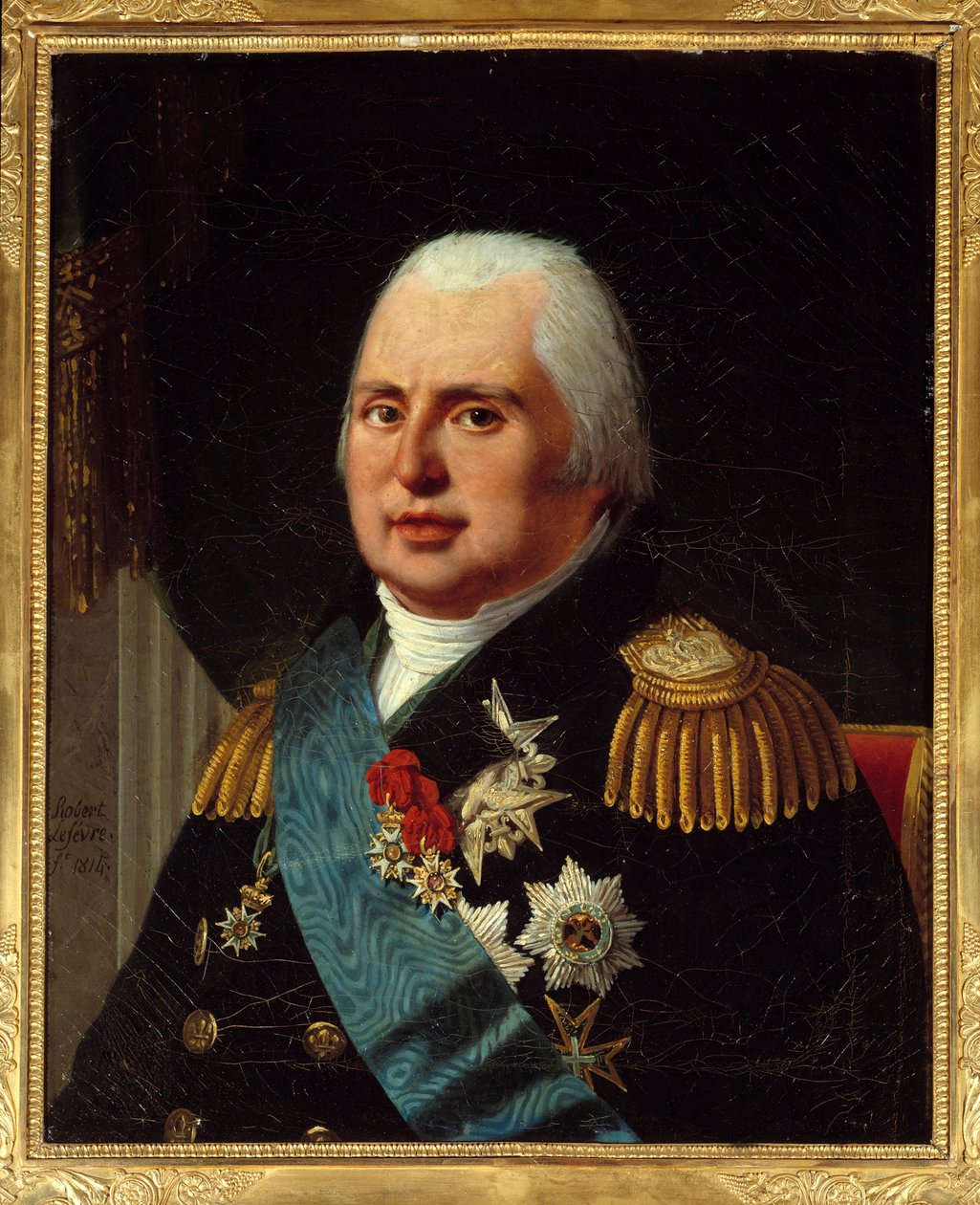 Portrét Ludvíka XVIII. (1755-1824), krále Francie, ve vojenské uniformě s Čestnou legií a šňůrou Řádu svatého Ducha. Obraz Roberta Lefebvrea (1755-1830) 1814 Ne. 0,73x0,6 m Paříž, muzeum Carnavalet - Portrét Ludvíka XVIII od Robert Lefevre