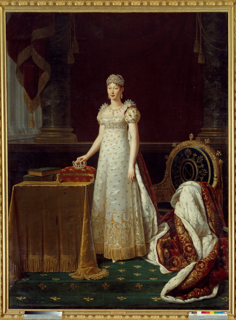 Portrét Impress Marie Louise Rakouské (Marie-Louise) (1791-1847), manželka Napoleona I., zastupovala Regente of the Empire a měla na sobě diamantový set Chaumet darovaný Napoleonem v roce 1812 - za ní zdobené empírové křeslo Napoleonovo "N" od Robert Lefevre