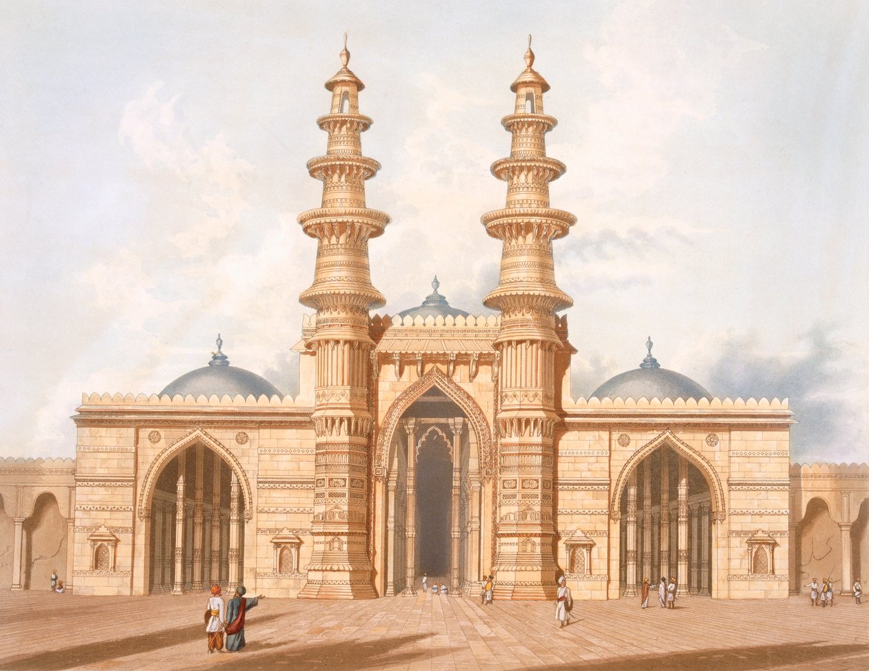 Třesoucí se minarety Ahmedabadu, ze svazku I „Scenérie, kostýmy a architektura Indie“, leptané G. Hawkinsem, ryté T. Fieldingem a kolorované J. B. Hogarthem od Robert Melville (after) Grindlay