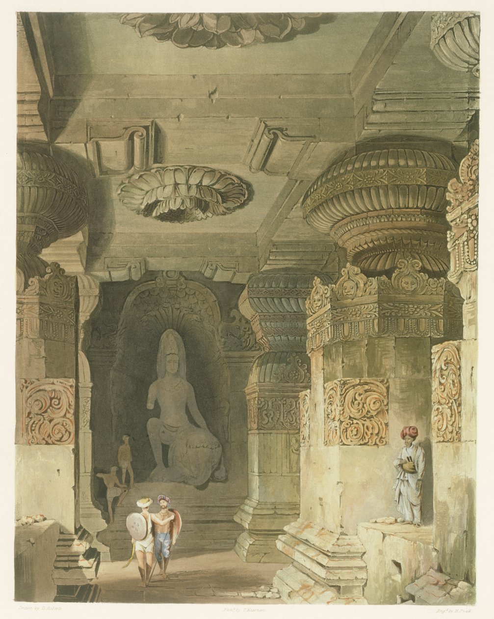 Interiér jeskynního chrámu Indry Subby v Elloře, ze svazku II Scenérie, kostýmy a architektura Indie, nakreslený Davidem Robertsem (1796-1864), leptaný Thomasem Kearnanem (fl.1821-50) a rytina od Robert Melville Grindlay