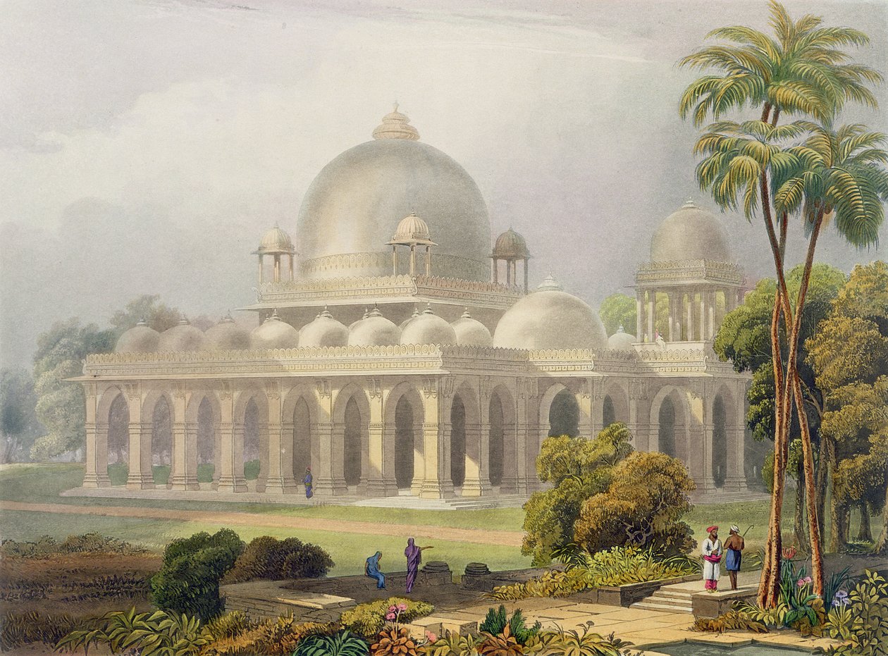Roza v Mehmoodabadu v Guzeratu nebo hrobka vezíra sultána Mehmooda z II. dílu Scenérie, kostýmy a architektura Indie, vyleptané Johnem Willisem (fl. 1826-52) a vyryté Charlesem B. od Robert Melville Grindlay