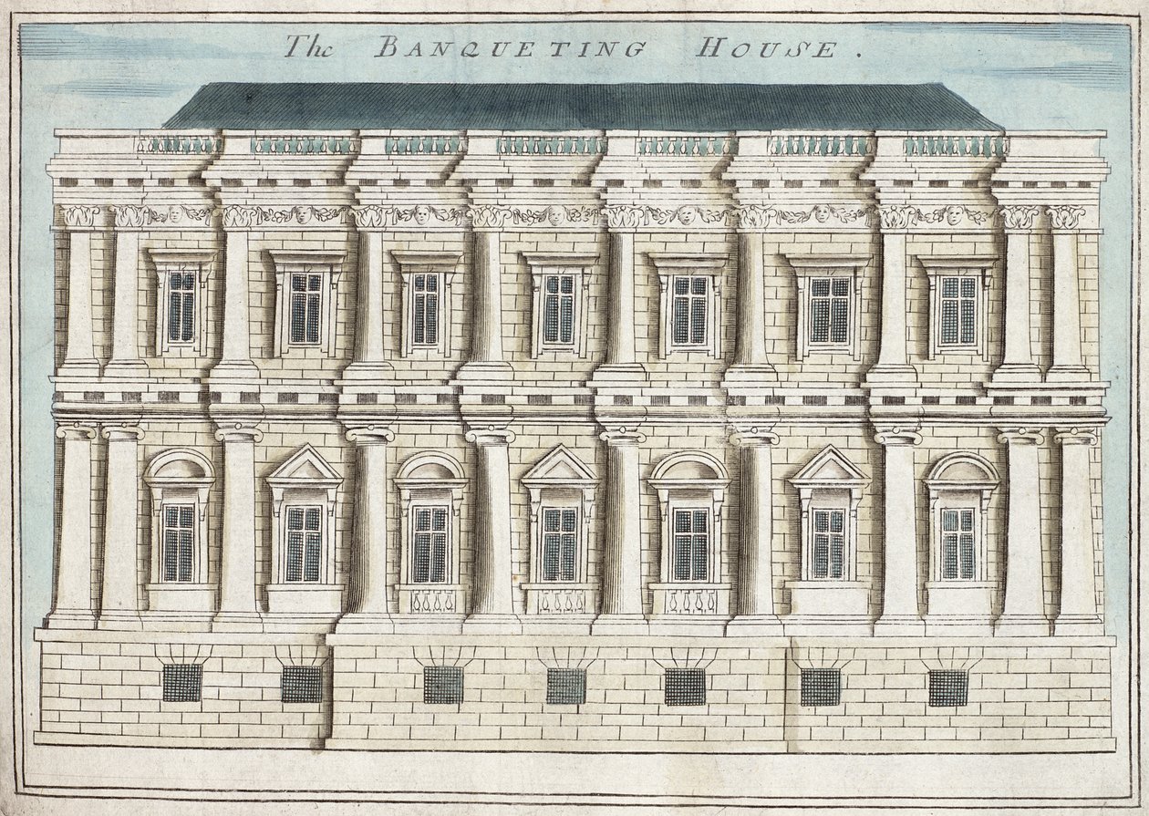Banketní dům, Whitehall, z knihy „Kniha vyhlídek pozoruhodných míst v Londýně ao něm“, kolem roku 1700 (rytina) od Robert Morden