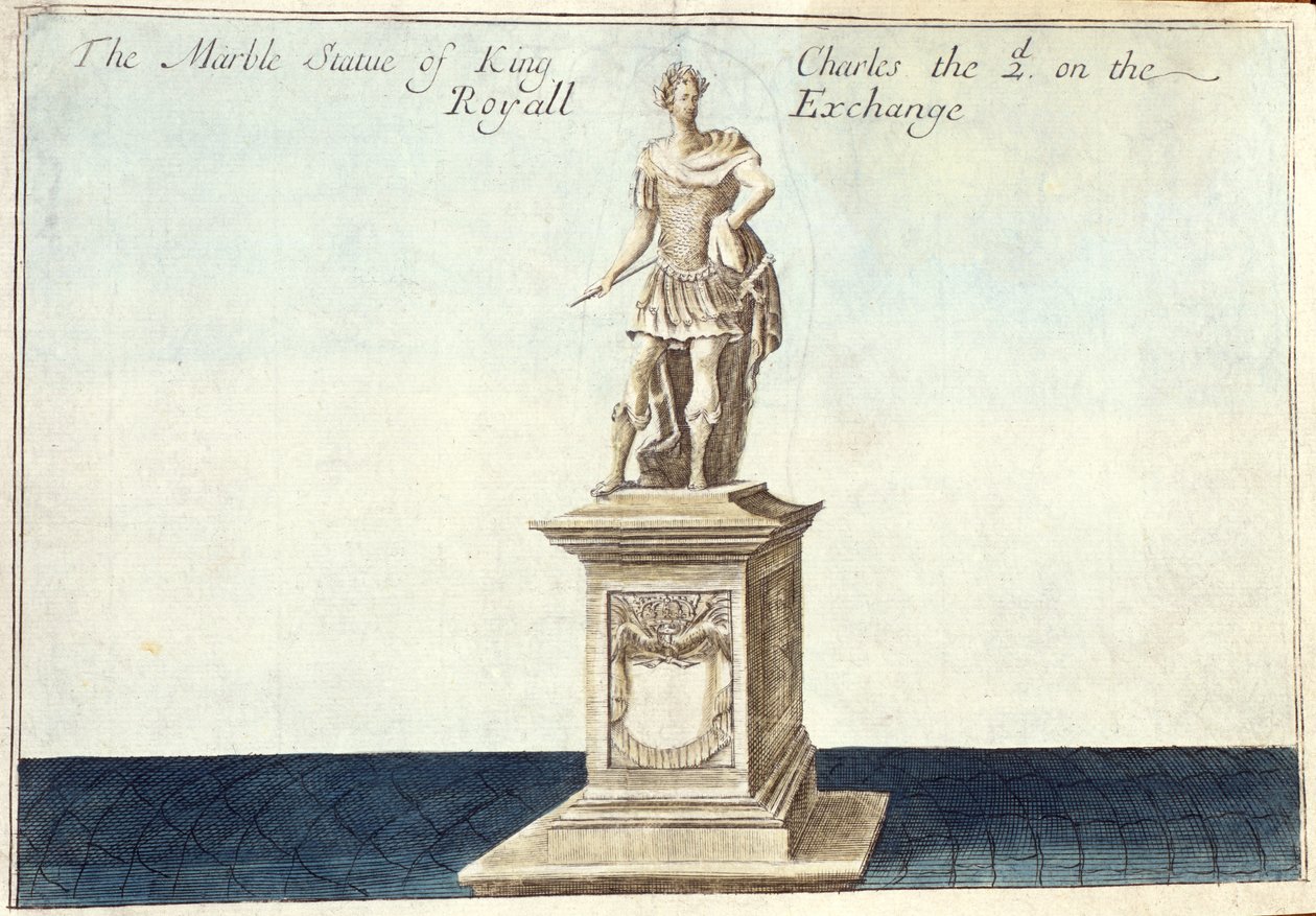 Mramorová socha krále Karla II. (1630-85) na královské burze, z knihy „Kniha vyhlídek pozoruhodných míst v City of London ao nich“, kolem roku 1700 (rytina) od Robert Morden