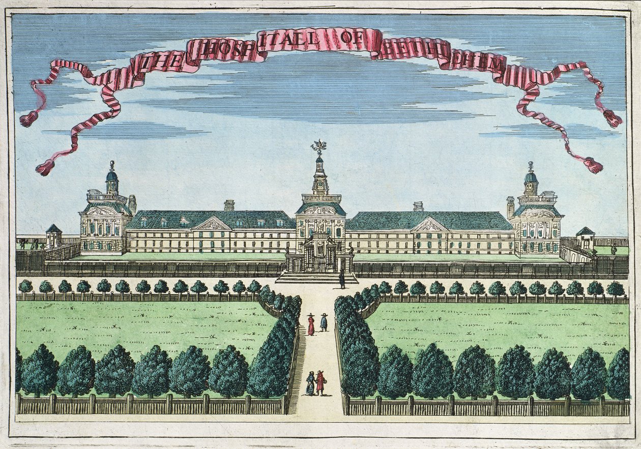 Nemocnice v Betlémě, z knihy „Kniha vyhlídek pozoruhodných míst v City of London ao nich“, kolem roku 1700 od Robert Morden