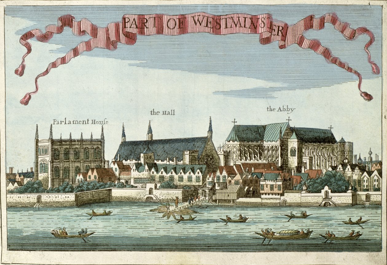 Westminster ukazující opatství, halu a budovu parlamentu, z knihy „Kniha vyhlídek pozoruhodných míst v City of London ao nich“, kolem roku 1700 od Robert Morden