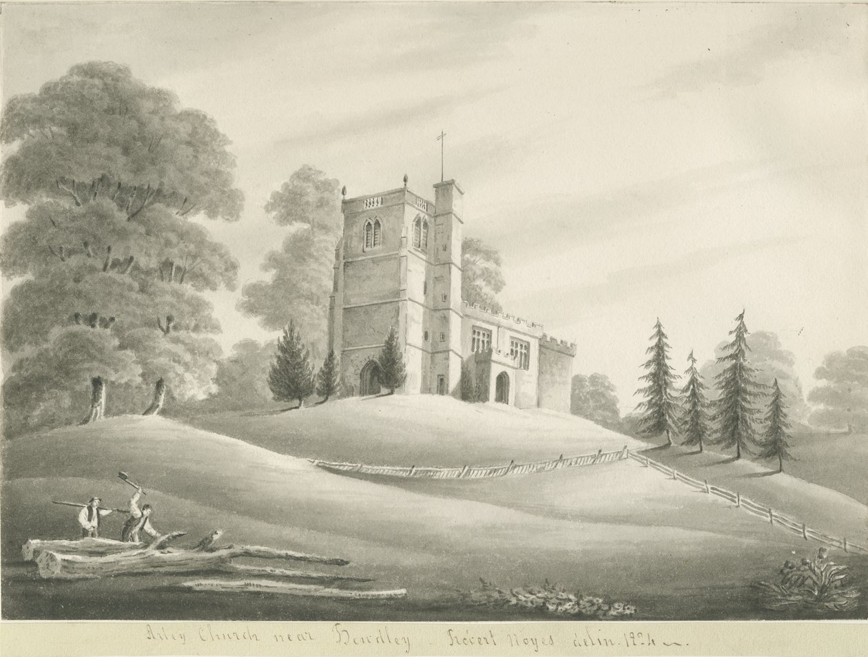 Arley Church: sépiová kresba, 1824 od Robert Noyes